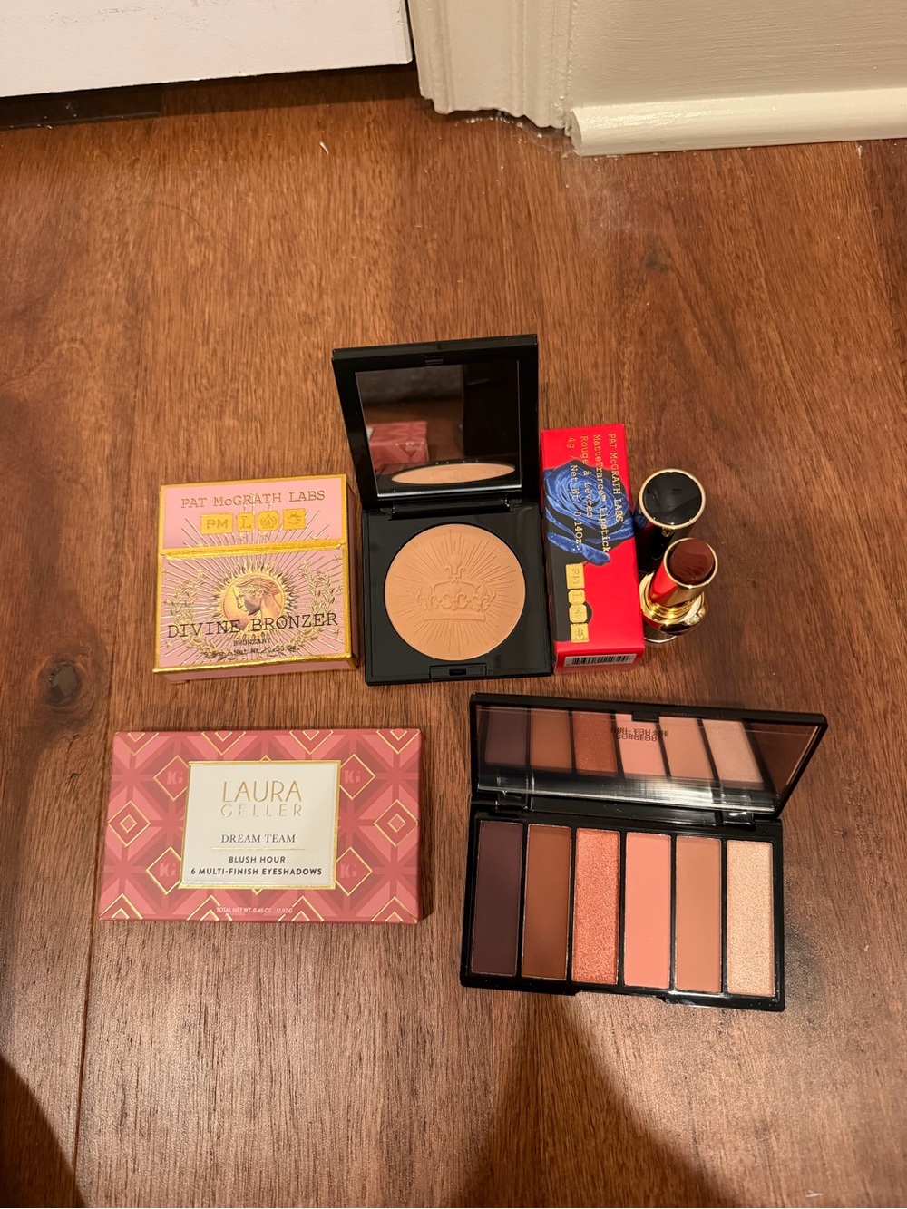 Laura Geller shadow palette, Pat McGrath bronzer, Pat McGrath lipstick